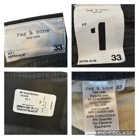 NEW RAG & BONE Men's Fit 1 Extra Slim Jeans Silver Gray Sz 33 (32x35) Button Fly - Picture 11 of 11